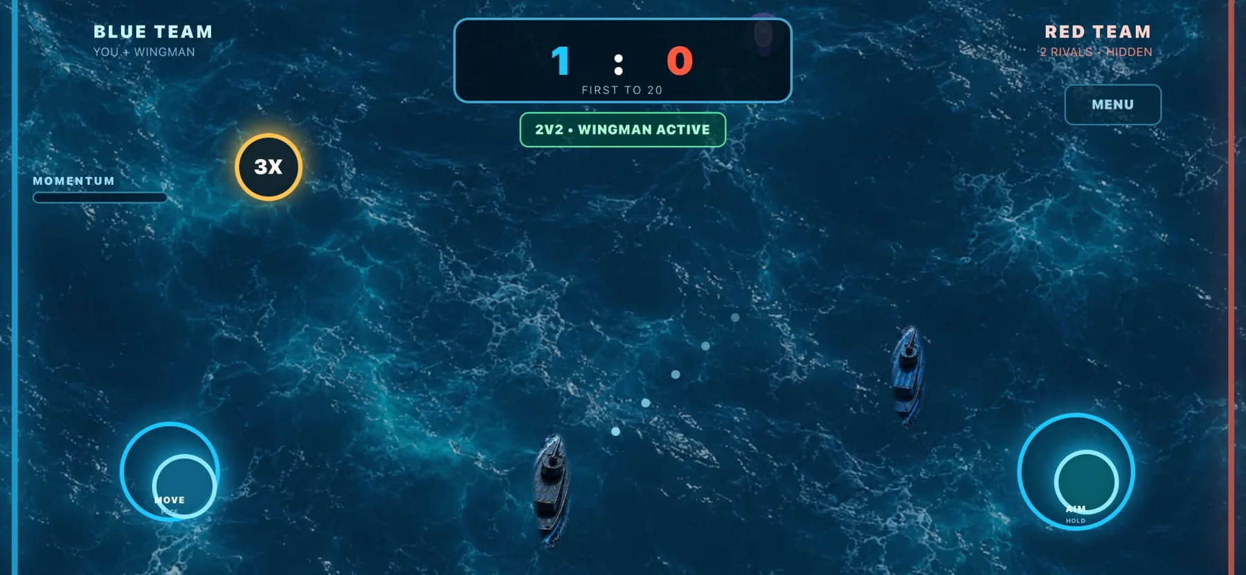 Sea Duel 2v2 gameplay with two allied ships and hidden rivals