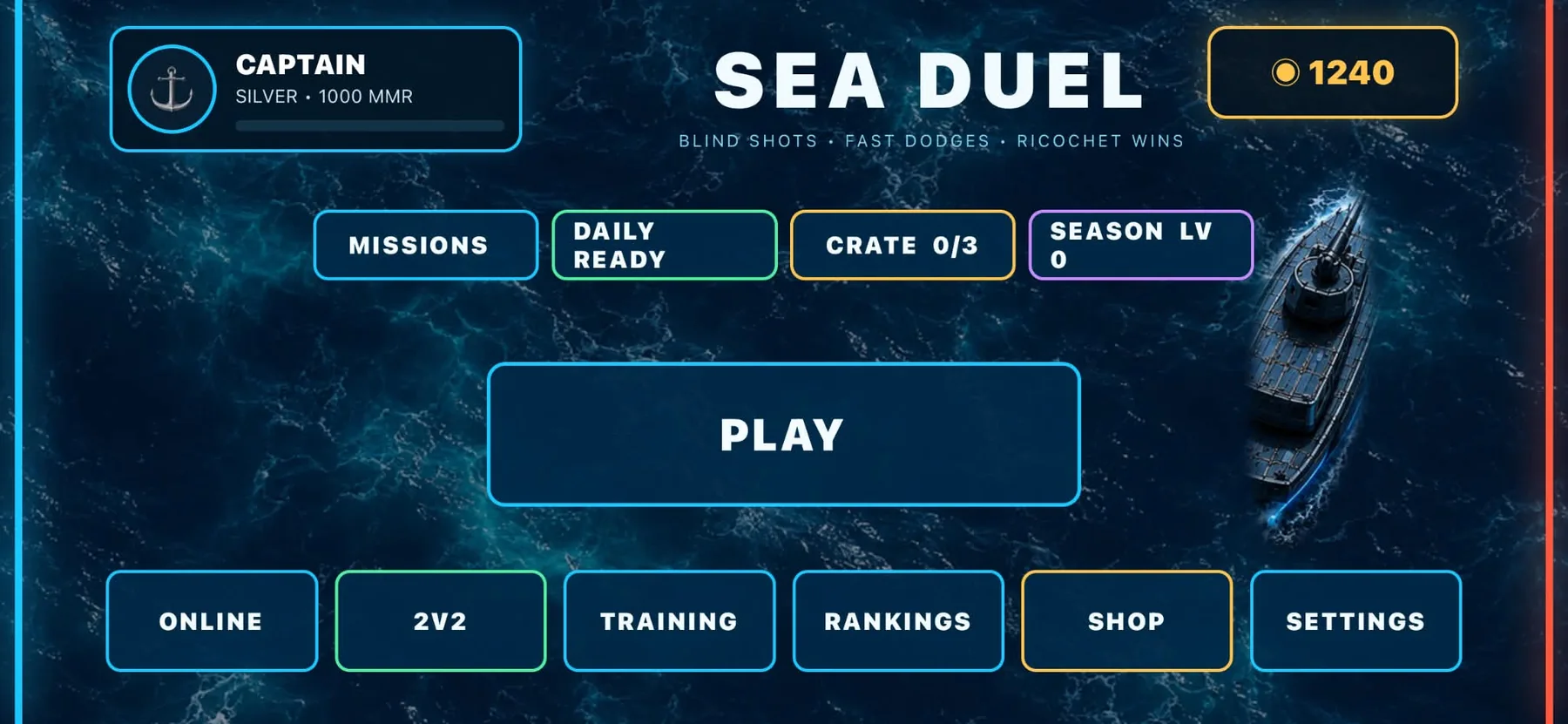 Sea Duel main menu showing Online, 2v2, Training, Rankings, Shop and Settings