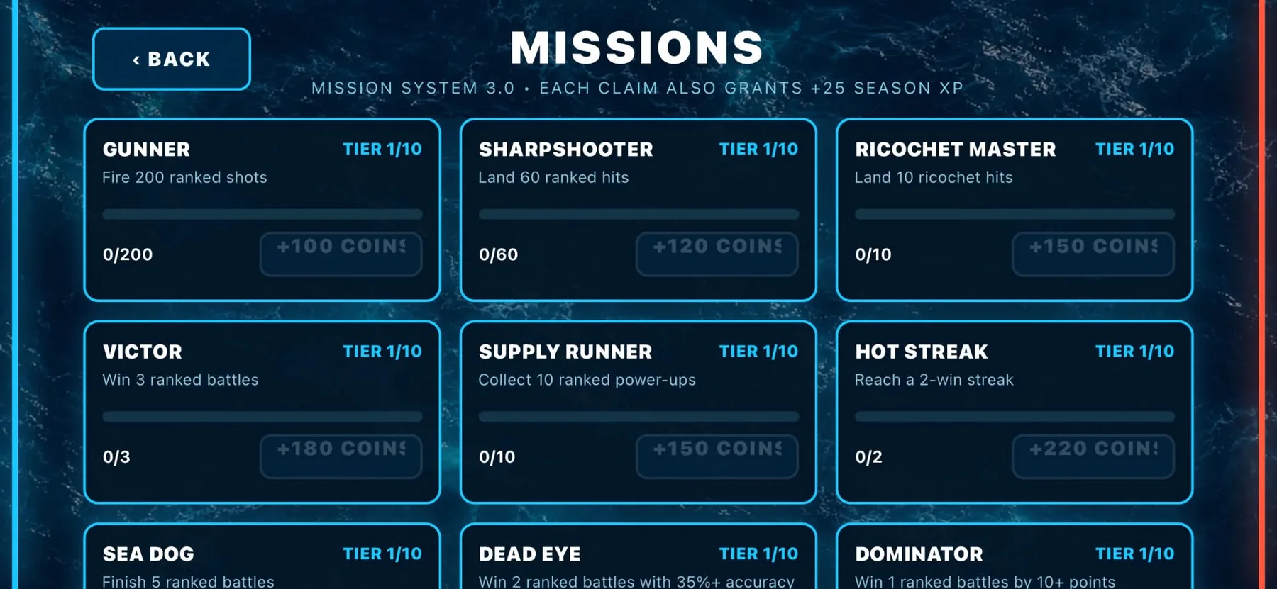 Sea Duel mission system with ranked combat objectives
