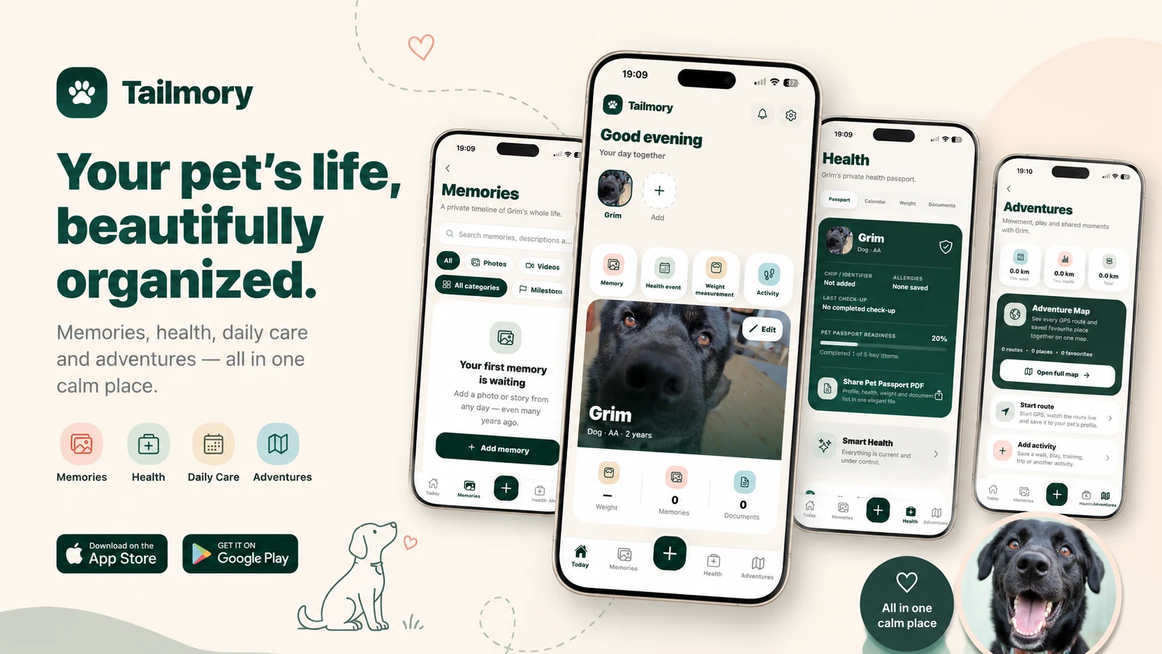 Tailmory overview showing memories, health, daily care and adventures