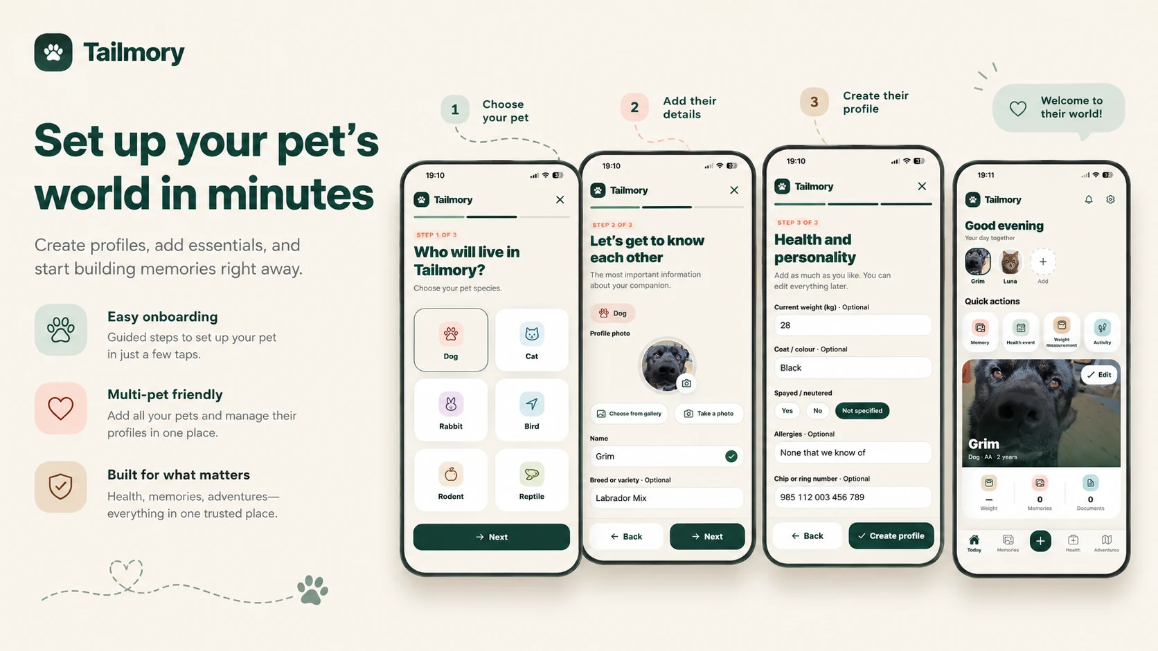 Tailmory pet onboarding and multi-pet setup